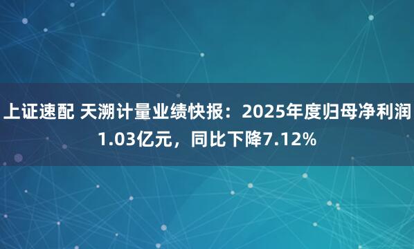 上证速配 天溯计量业绩快报：2025年度归母净利润1.03亿元，同比下降7.12%